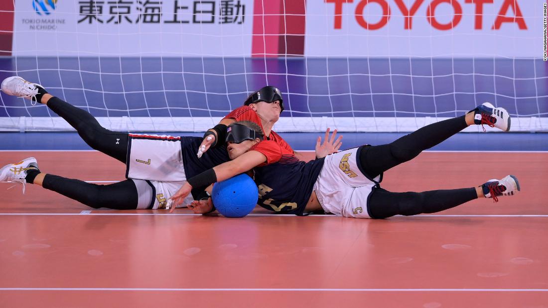 Americans Eliana Mason, left, and Amanda Dennis compete in a goalball match against Brazil on Sunday, August 29.