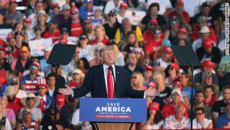 Former President Donald Trump speaks to supporters during a June rally in Ohio, campaigning for a former aide who&#39;s running against one of the House Republicans who voted to impeach him earlier this year. 
