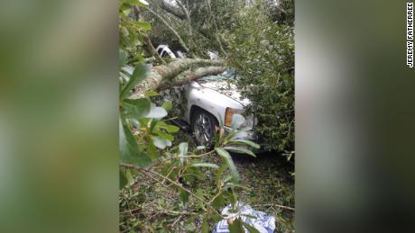 A photo taken by Dennis Duplessis&#39; family shows how the tree crushed a truck that Duplessis was stepping out of when he was crushed.