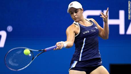 Australia&#39;s Ashleigh Barty in action during her women&#39;s singles match against Shelby Rogers at the 2021 US Open, Saturday, in New York.