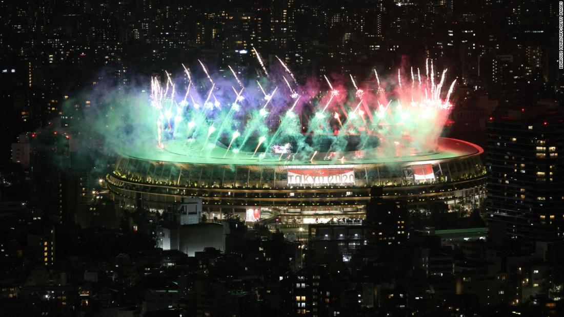 Fireworks light up the sky above the National Stadium during the closing ceremony.