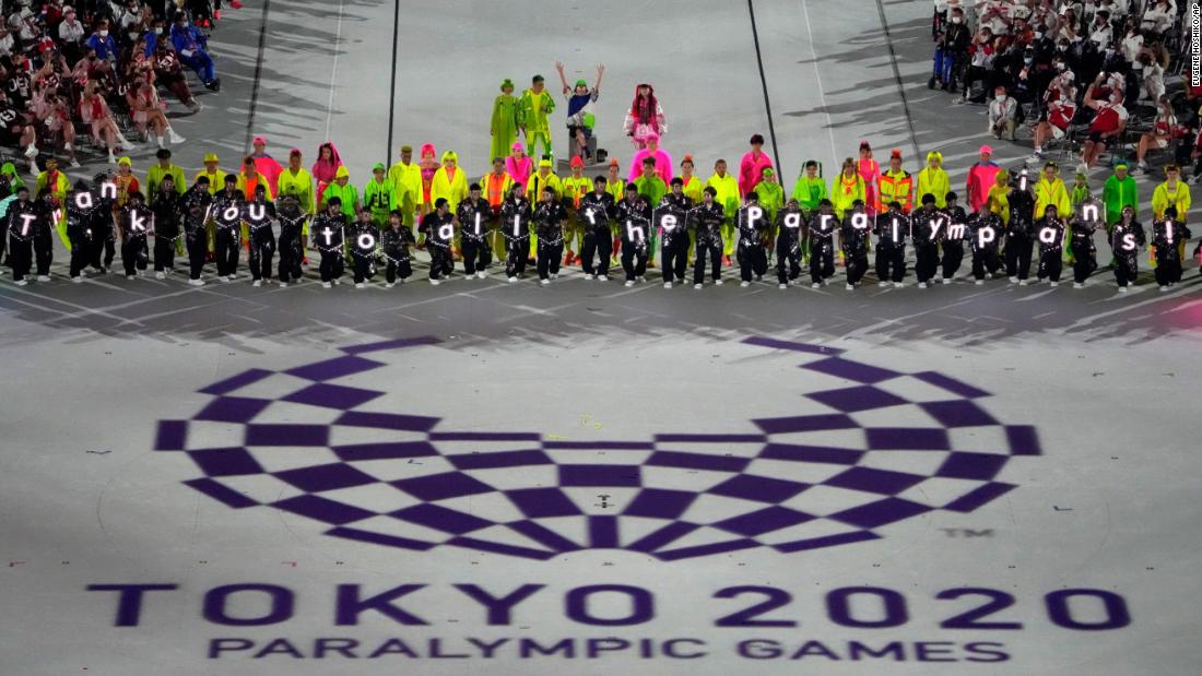 Performers hold letters spelling out &quot;Thank you to all the Paralympians!&quot; during the Paralympics&#39; closing ceremony in Tokyo&#39;s National Stadium on Sunday, September 5.