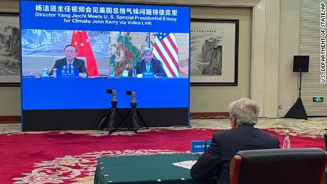 US Climate Envoy John Kerry attending a virtual meeting on September 2 in Tianjin, China, where he held climate talks with his Chinese counterpart.