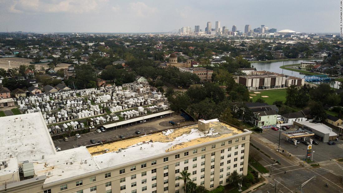 Damage is seen on the roof of a New Orleans apartment complex on Sunday, September 5. Elderly residents were still living at the building with water-soaked carpets and no power, a week after Hurricane Ida made landfall in Louisiana.