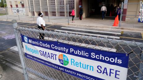 Staff members stand outside the Carrie P. Meek/Westview K-8 Center in Miami on October 5, 2020.