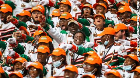 Members of the Marching 100 hype up the crowd during the Orange Blossom Classic game between the Florida A&amp;M Rattlers and the Jackson State Tigers on Sunday September 5th, 2021.