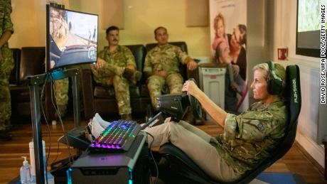 Sophie, Countess of Wessex took part in the E-Gaming Challenge, a racing game called Dirt 2 during a visit to RAF Wittering on September 7, 2021 in Peterborough, England. 