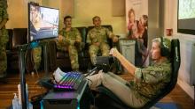 Sophie, Countess of Wessex has a go at the E-Gaming Challenge, a race game called Dirt 2 during a visit to RAF Wittering on September 7, 2021 in Peterborough, England. 