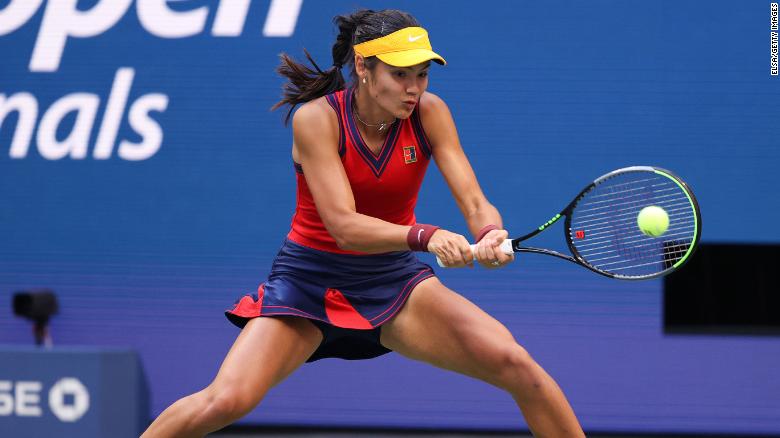 Emma Raducanu of Great Britain returns the ball against Leylah Fernandez of Canada during their Women&#39;s Singles final match at the USTA Billie Jean King National Tennis Center on September 11, 2021, in the Flushing neighborhood of the Queens borough of New York City. 