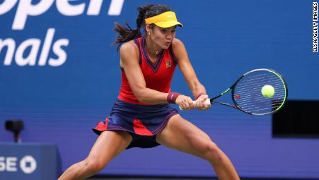 Emma Raducanu of Great Britain returns the ball against Leylah Fernandez of Canada during their Women&#39;s Singles final match at the USTA Billie Jean King National Tennis Center on September 11, 2021, in the Flushing neighborhood of the Queens borough of New York City. 
