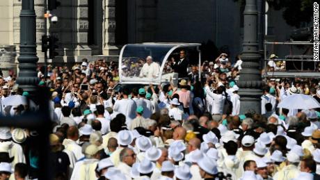 Francis arrives in his popemobile to celebrate mass for the closing of the International Eucharistic Congress at Budapest's Heroes Square.