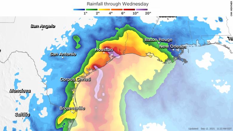 Forecast rainfall through Wednesday from Tropical Storm Nicholas.