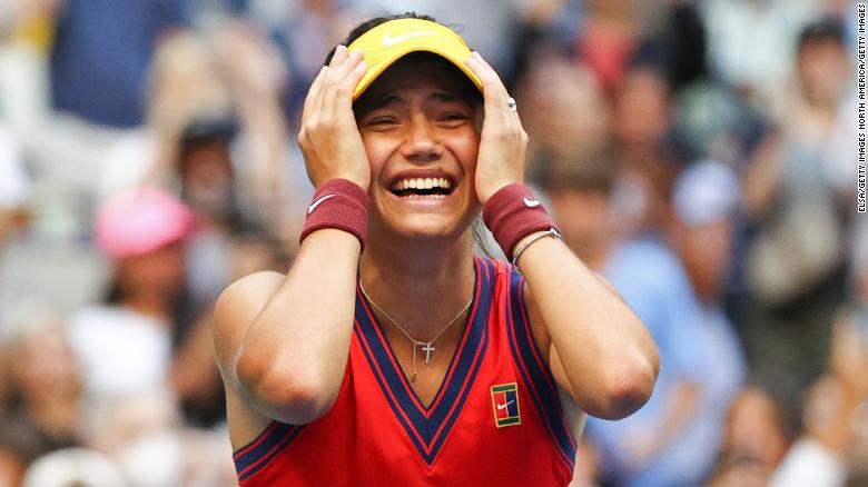 Raducanu celebrates defeating Fernandez at the US Open.