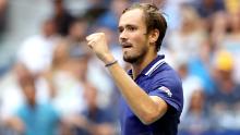 NEW YORK, NEW YORK - SEPTEMBER 12: Daniil Medvedev of Russia reacts as he plays against Novak Djokovic of Serbia during their Men&#39;s Singles final match on Day Fourteen of the 2021 US Open at the USTA Billie Jean King National Tennis Center on September 12, 2021 in the Flushing neighborhood of the Queens borough of New York City.  (Photo by Matthew Stockman/Getty Images)