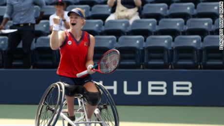Diede de Groot of the Netherlands celebrates her winning championship point against Yui Kamiji of Japan during their Wheelchair Women&#39;s Singles final at the US Open. 