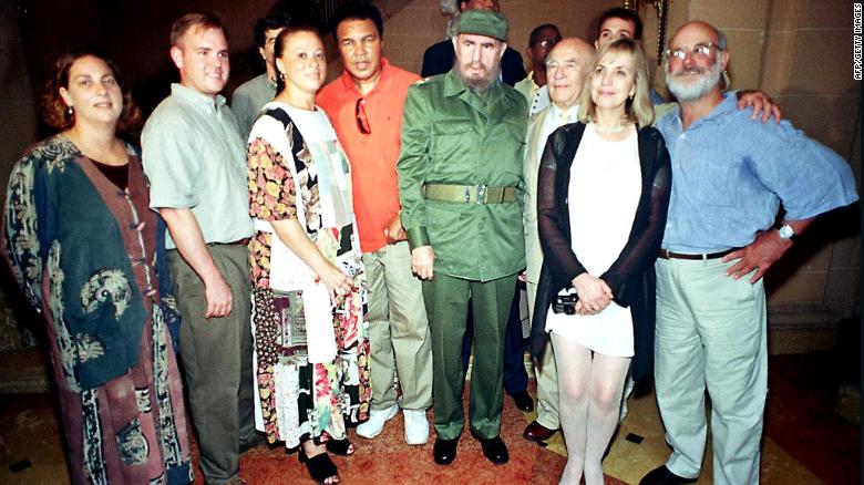 Muhammad Ali and American actor Ed Asner meet with Cuban leader Fidel Castro in Cuba in an undated photograph. 