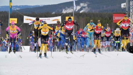Participants race during the 2021 Tjejvasan Vasaloppet for women in Mora, Sweden, on 27 February.