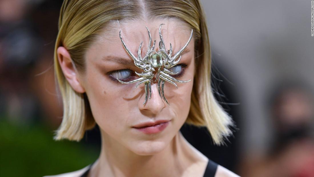 &quot;Euphoria&quot; star Hunter Schafer wore a silver leather Prada two-piece ensemble to the glamorous fundraiser. But it was her opaque contact lenses and the gigantic silver spider placed over her face that drew attention.