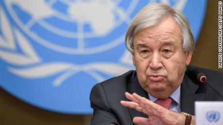 UN Secretary-General Antonio Guterres during a press conference on Afghanistan, in Geneva on September 13.