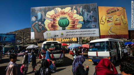 An anti-drug mural is seen at a bus station in Kabul in October 2014.