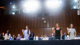 United States gymnasts from left, Simone Biles, McKayla Maroney, Maggie Nichols, and Aly Raisman are sworn in to testify during a Senate Judiciary hearing about the Inspector General&#39;s report on the FBI&#39;s handling of the Larry Nassar investigation.