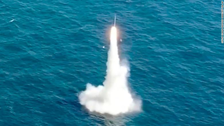 South Korea&#39;s first underwater-launched ballistic missile is test-fired from a submarine at an undisclosed location on September 15, in this image provided by the South Korea Defense Ministry.