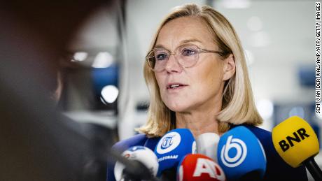 Outgoing Minister Sigrid Kaag of Foreign Affairs (D66) speaks to the press as she resigns at the House of Representatives in the Hague, on September 16, 2021. She did so after the House of Representatives submitted a motion of censure because of the chaotic evacuation from Afghanistan.