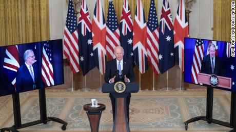 President Joe Biden delivers remarks about a national security initiative on September 15, 2021 in the East Room of the White House in Washington, DC. President Biden is joined virtually by Prime Minister Scott Morrison of Australia and Prime Minister Boris Johnson of the United Kingdom (Photo by Oliver Contreras/Sipa USA)