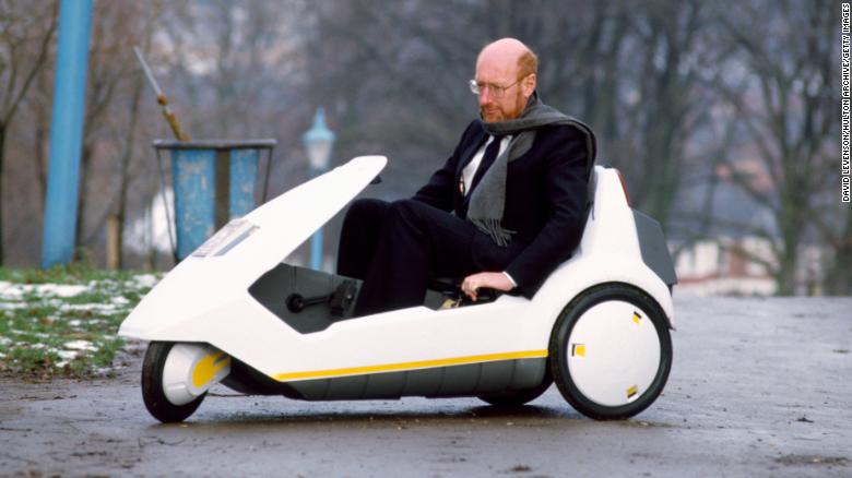 Clive Sinclair, pictured here driving the Sinclair C5 electric car in 1985, saw promise in all of his ideas, even the ones that flopped. 