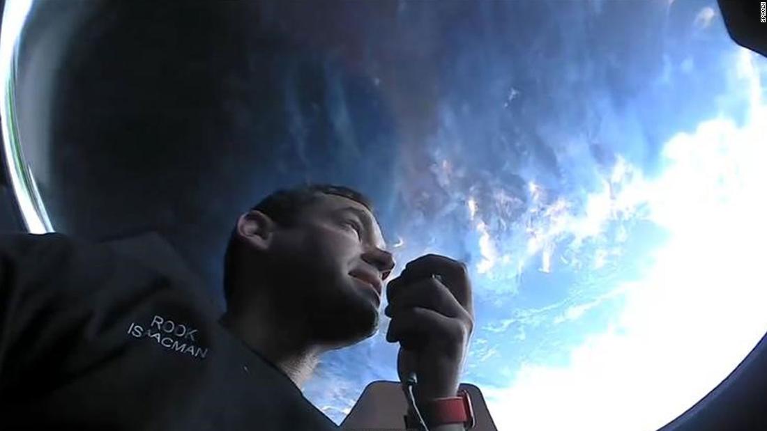 Isaacman is seen in orbit during the crew&#39;s first day in space.