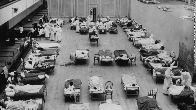 The Oakland Municipal Auditorium in California was converted to a temporary hospital with volunteer nurses from the American Red Cross in 1918.
