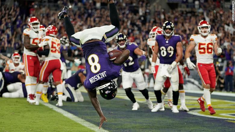 Baltimore Ravens quarterback Lamar Jackson scores a touchdown in the second half against the Kansas City Chiefs.
