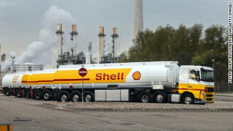 A Shell fuel tanker at the oil refinery in Rotterdam, Netherlands.