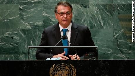 Bolsonaro addresses the 76th Session of the U.N. General Assembly on September 21, 2021 at U.N. headquarters in New York City.