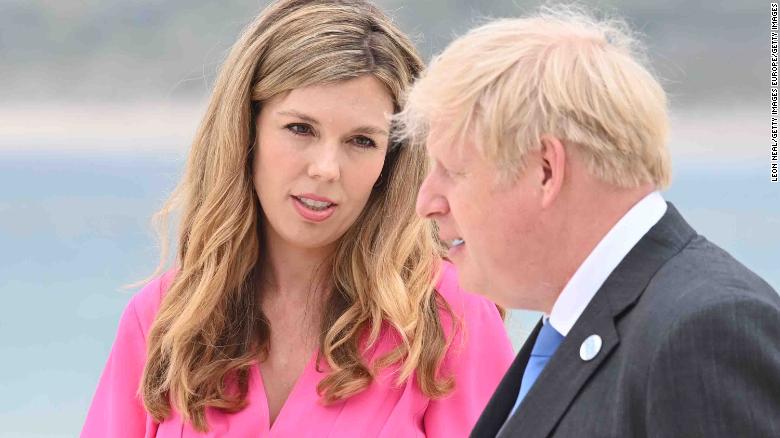 Boris Johnson and wife Carrie Johnson arrive for the G7 Summit In Carbis Bay, Cornwall on June 11, 2021.