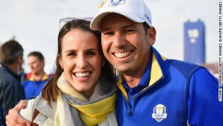 PARIS, FRANCE - SEPTEMBER 30: Sergio Garcia of Europe and wife Angela Garcia pose for a photo during singles matches of the 2018 Ryder Cup at Le Golf National on September 30, 2018 in Paris, France.  (Photo by Stuart Franklin/Getty Images)