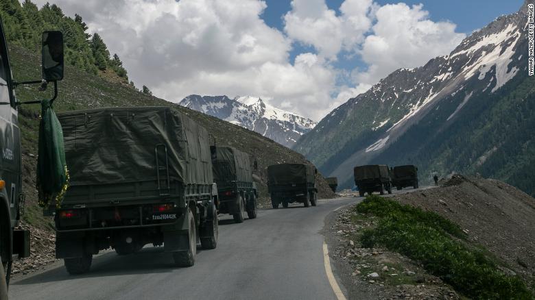 An Indian army convoy, carrying reinforcements and supplies, travels toward Leh through Zoji La, a high mountain pass bordering China on June 13 in Ladakh, India.