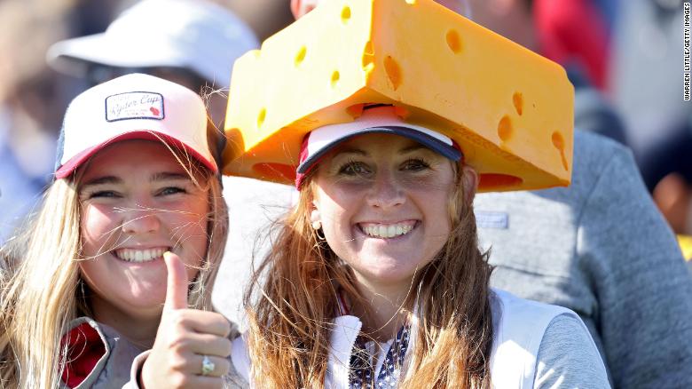 A fan wears a cheese head during a practice round prior to the 43rd Ryder Cup at Whistling Straits near Sheboygan, Wisconsin, in September 2021.