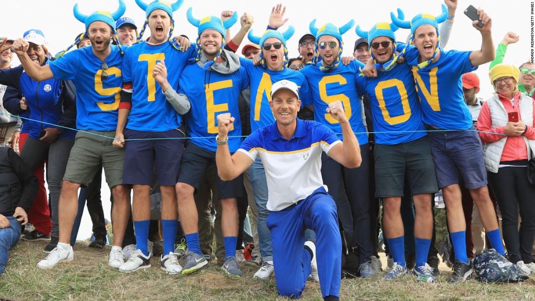 Fans of Henrik Stenson and Europe celebrate during the 2018 Ryder Cup at Le Golf National in a suburb of Paris.