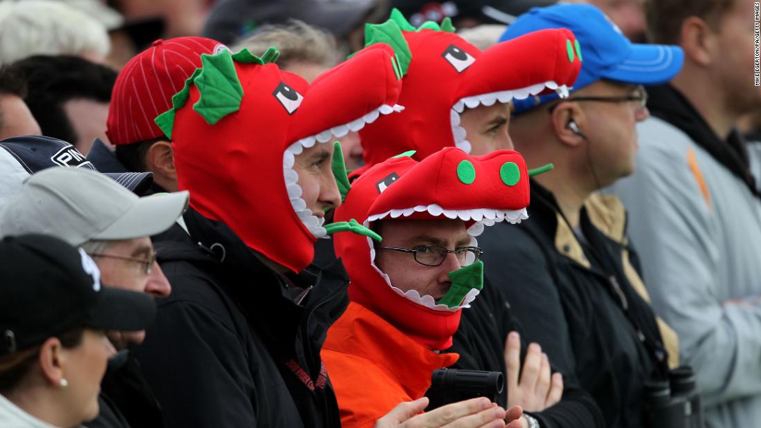 Welsh fans in dragon outfits watch the play during the 38th Ryder Cup. 