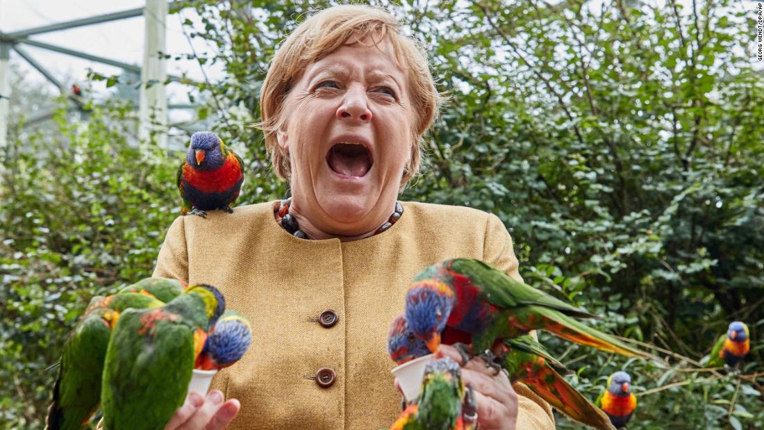 Merkel feeds Australian lorikeets at the Marlow Bird Park in Marlow, Germany, in September 2021.