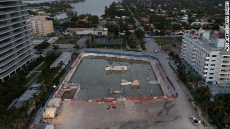 In this aerial shot from July 31, 2021, the open land where the 12-story Champlain Towers South condo building once stood collapsed in Surfside, Florida.  