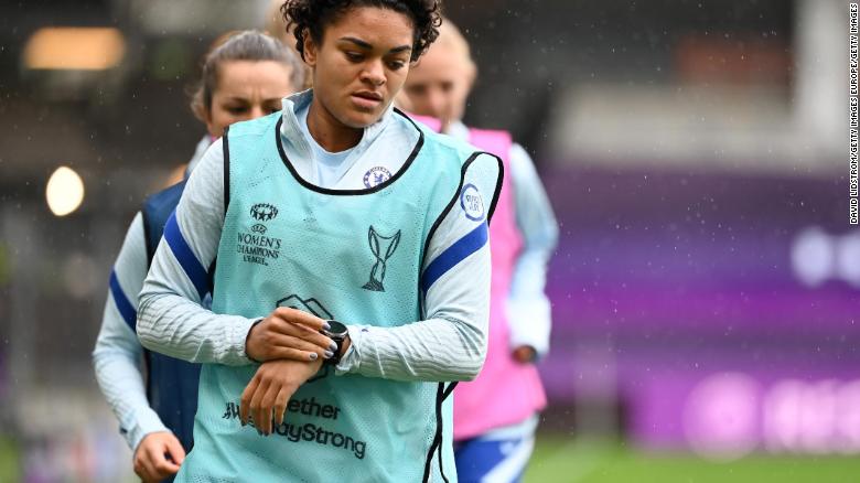Jess Carter of Chelsea warms up during a Chelsea Training Session ahead of the UEFA Women's Champions League Final at Ullevi Stadium on May 15, 2021 in Gothenburg, Sweden. 