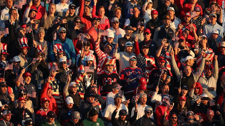 Fans cheer during Friday morning Foursome matches of the 43rd Ryder Cup.