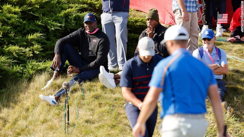 Basketball legend Michael Jordan watches by the 11th green during the Fourballs on day one of the Ryder Cup.