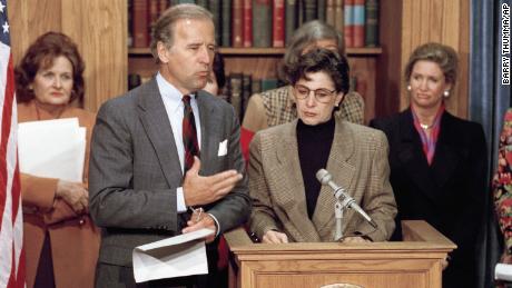 Former U.S. Senator Barbara Boxer, second from right, then Senator Joseph Biden, at a press conference on Capitol Hill, discussing the Violence Against Women Act on February 24, 1993. (AP Photo / Barry Thumma)