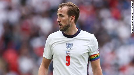 England&#39;s Harry Kane wears an rainbow armband during a Euro 2020 match