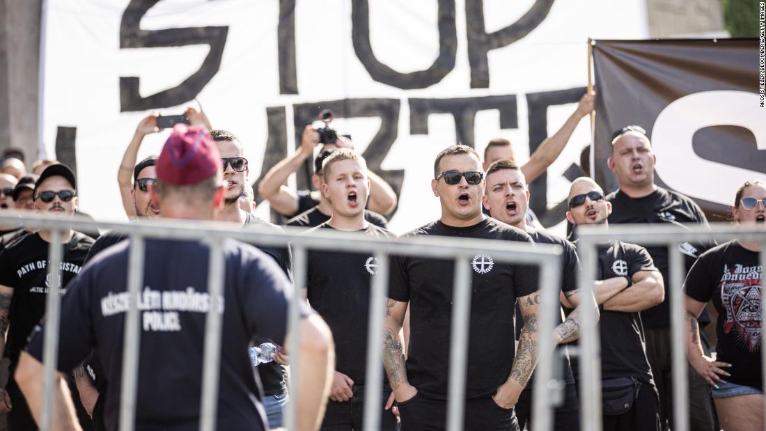 Counter-protesters chant during the annual Pride parade in Budapest, Hungary in June, 2021