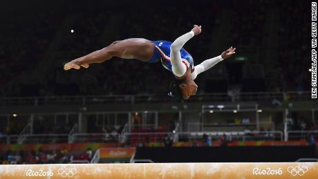 Biles competes in the beam event of the women&#39;s individual all-around final during the Rio 2016 Olympic Games.