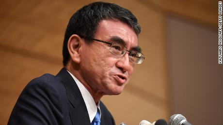 Taro Kono, who heads Japan&#39;s vaccine rollout, during a news conference in Tokyo on September 10.